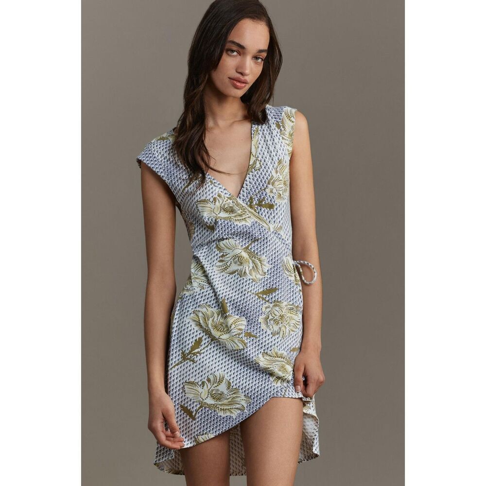NWT ANTHROPOLOGIE Daily Practice Blue Green Floral Wrap Mini Dress Small Petite